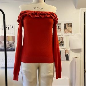 Off The Shoulder Ruffle Sweater Long Sleeve Color: Red